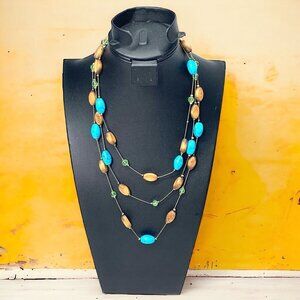 Lia Sophia Triple Strand Beaded Necklace Faux Blue Turquoise & Wood Beads 16"L